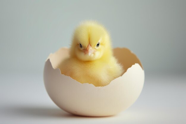 Cute little chick crawling out of a white egg isolated on a studio dark background Easter