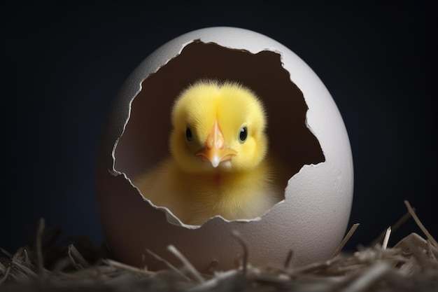 Foto piccola pulcina carina che esce da un uovo bianco isolata su uno studio sullo sfondo scuro di pasqua