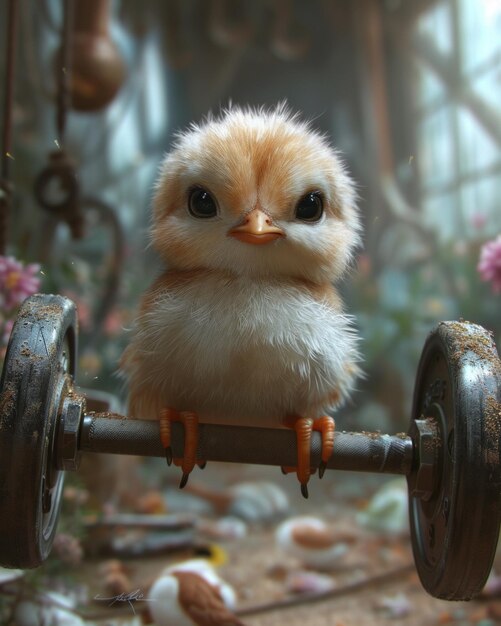 Cute little chick is lifting heavy dumbbell in fantasy world