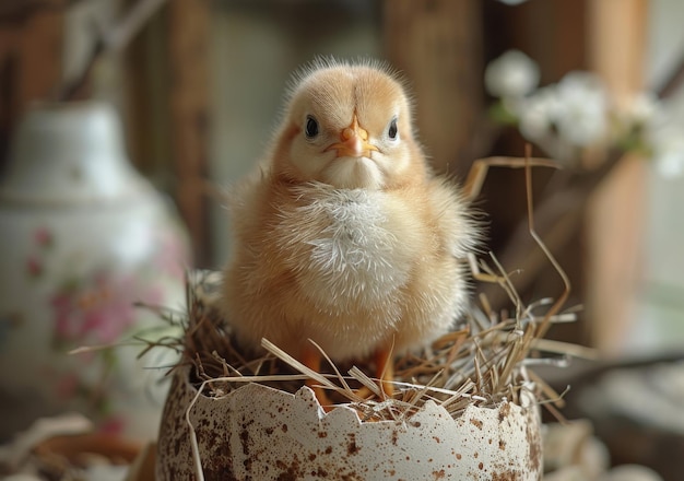 Милый маленький цыпленок в гнезде, цыплёнок в сене внутри яйца.