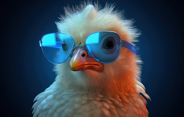 a cute little chicken in blue sunglasses wearing