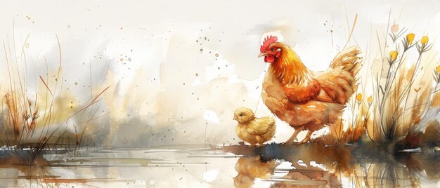A cute little chicken is laying eggs on a mother39s lap and a mother with her children is hand drawn in a cartoon style