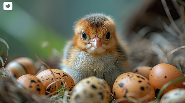 Cute little chicken in the nest with eggs Close up