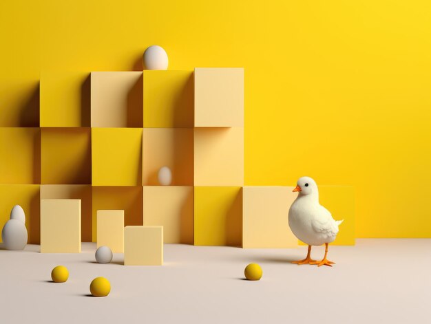 Cute little chicken standing on yellow background Easter abstract concept ai