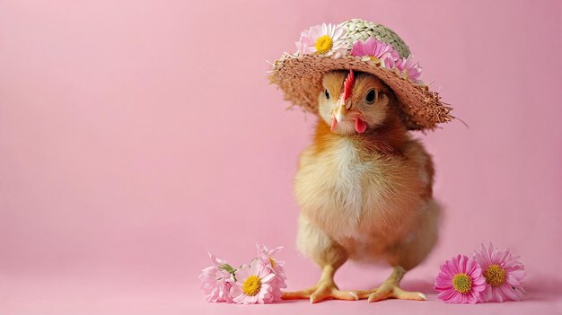Photo cute little chicken in a straw hat with flowers on a pink background empty space generative ai