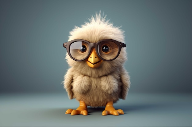 Cute little chicken wearing glasses on gray background Easter concept