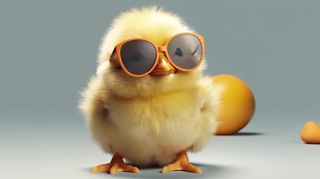 Foto carino piccolo pollo con occhiali da sole e uova sulla spiaggia generativa ai