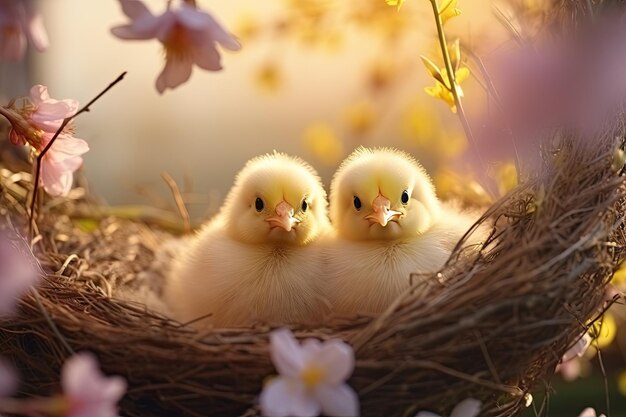 Photo cute little chicks in nest on spring background