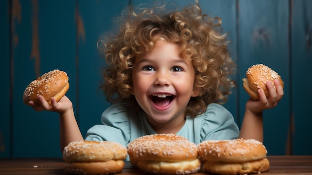 ハンバーガーを食べている可愛い小さな子供