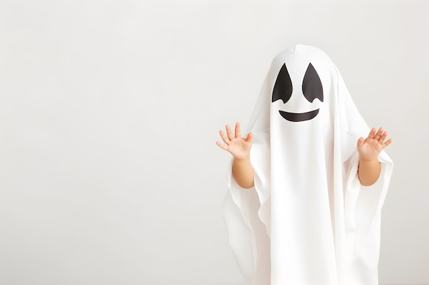 Photo cute little child wearing scary white ghost costume isolated on white background