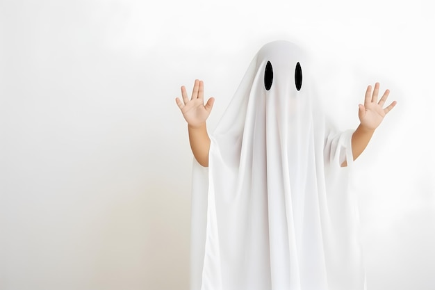 Cute little child wearing scary white ghost costume isolated on white background