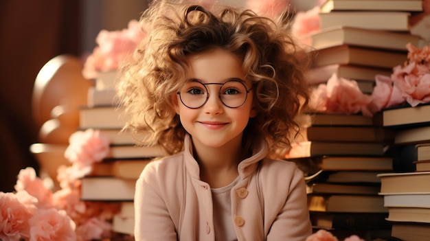 Foto un bambino carino con una pila di libri in una stanza rosa