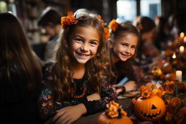 Милые маленькие дети празднуют Хэллоуин с весельем в школе или детском саду Хеллоуин вечеринка