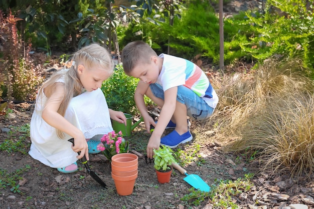 Cute little children planting flowers in garden