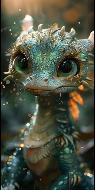 Cute little Chinese baby dragon smiling in the forest near trees with large green eyes