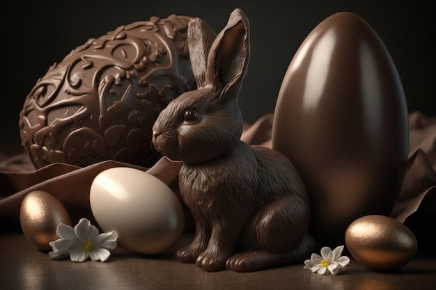 Cute little chocolate rabbit with Easter eggs AI Generative