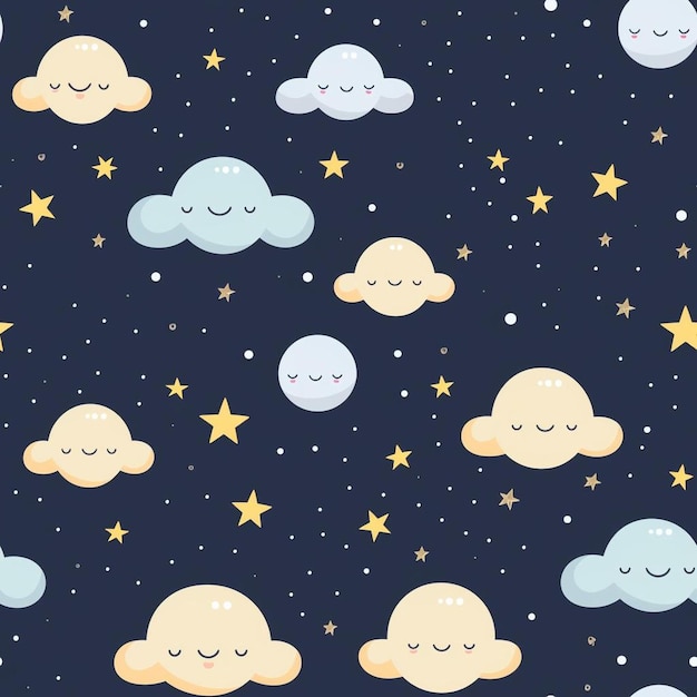 A cute little cloud with a little face and the stars.