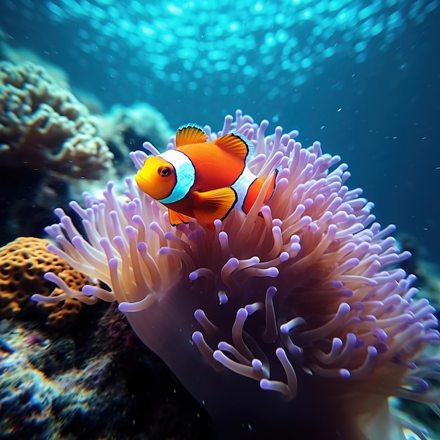 Cute little clown fish in coral reef