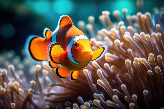 Cute little clown fish in coral reef