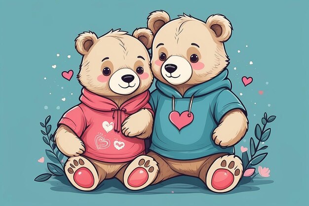 Photo cute little couple bear hand drawn vector cartoon style character