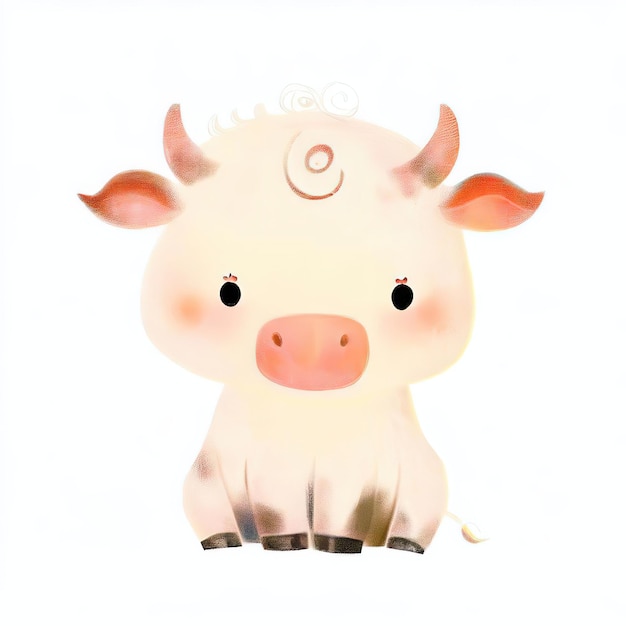 A cute little cow with a pink nose and a white nose.