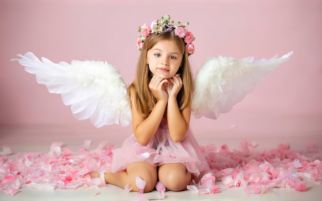 Милая маленькая купидонка с розовыми крыльями на светло-розовом фоне с перьями и пухом