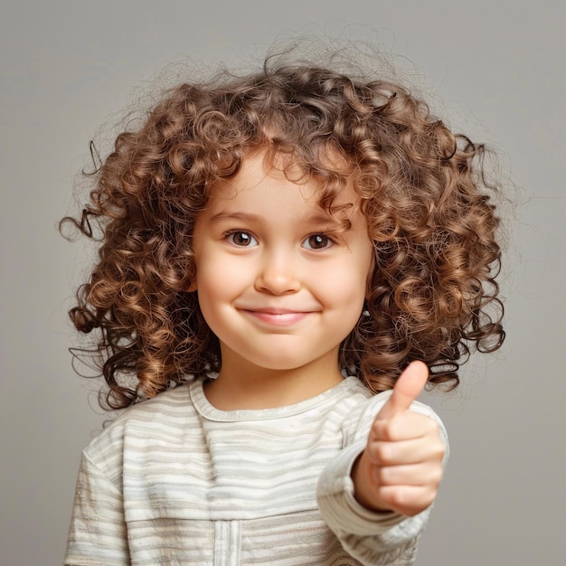 Photo cute little curly hair girl shows her thumb up good luck sign