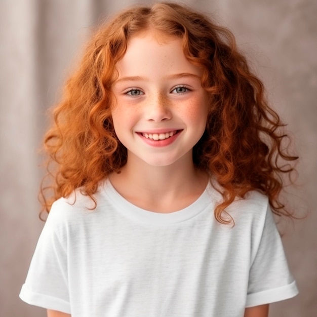 Cute little curly haired girl with freckles on face in absolutely white tshirt mockup