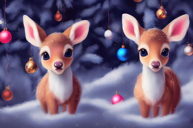 かわいい小さな鹿の母親と赤ちゃんのイラスト 愛らしい小さな鹿のクリスマス イラスト 冬の森の雪景色 デジタル アート スタイル イラスト 絵画