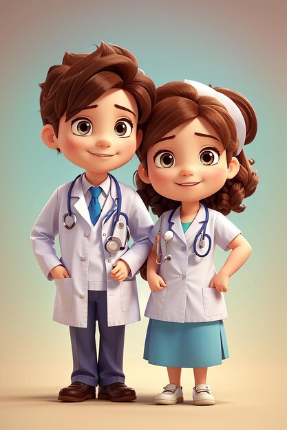 Photo cute little doctor and nurse cartoon