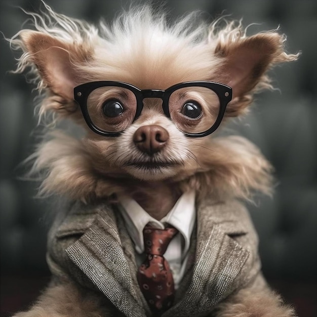 Cute little dog looks like scientist wearing glasses and suit Generative AI