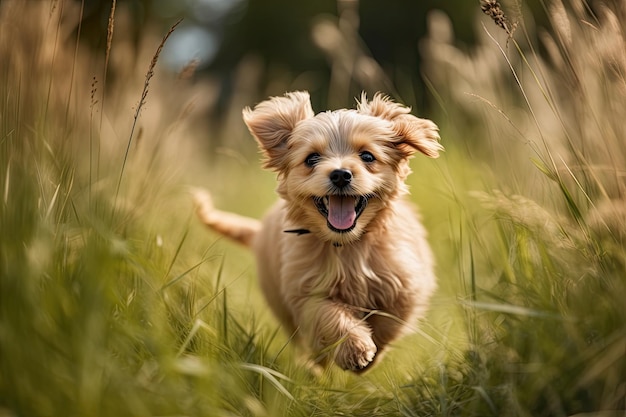 Милая маленькая собачка бегает по траве в солнечный день. Сгенерировано AI.