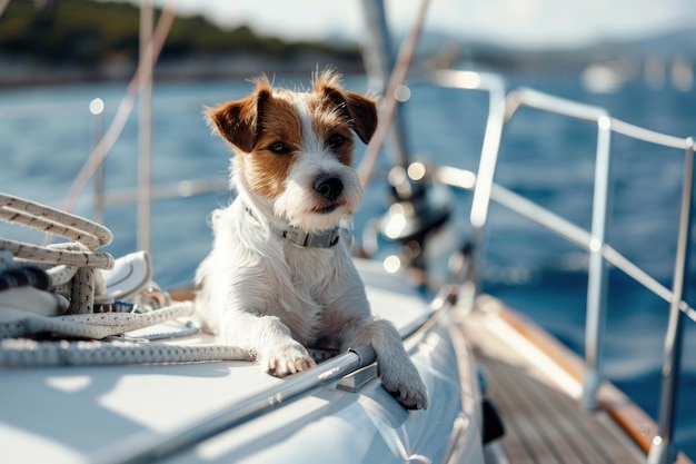 사랑스러운 작은 개가 고 은 여름날에 바물에 대항하여 럭셔리 요트 보트 갑판에서 항해합니다.