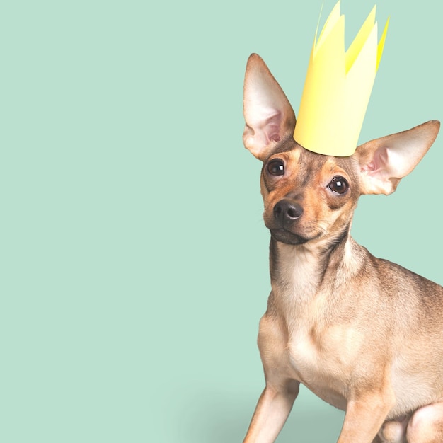 誕生日の紙の王冠をかぶったかわいい犬