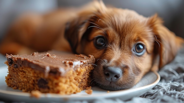 Photo cute little dog with cake on plate closeup view