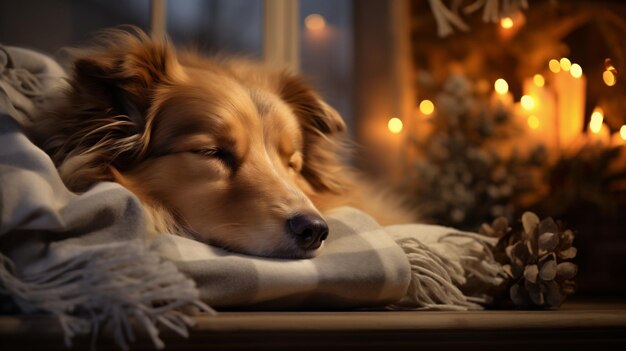 Photo cute little dog wrapped in warm plaid and burning candles on background