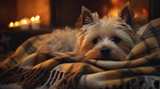 Photo cute little dog wrapped in warm plaid and burning candles on background