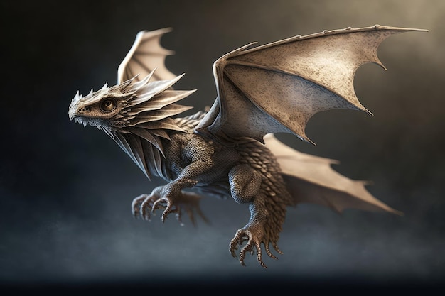 Cute little dragon in flight its wings flapping and scales shining