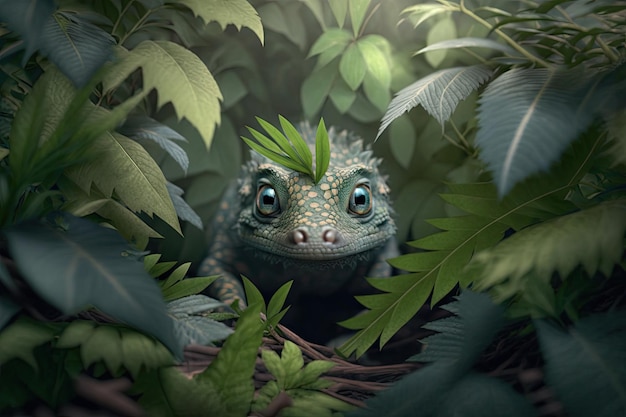 Photo cute little dragon hiding among dense foliage peeking out at viewer