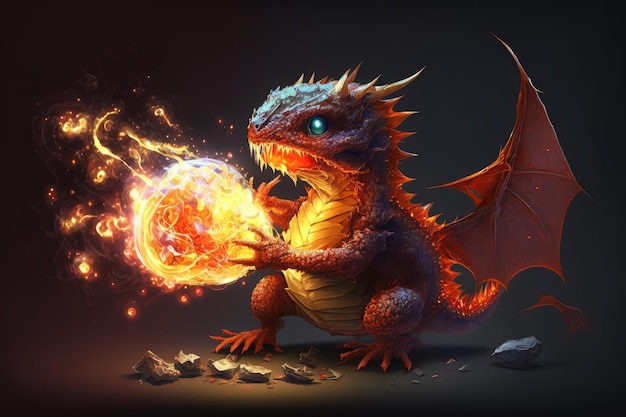 Cute little dragon playing with ball of flames showing off its fiery abilities