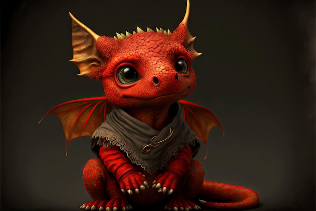 Photo cute little dragon in red costume with ears on dark background generative ai