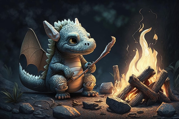 Cute little dragon roasting marshmallow over campfire