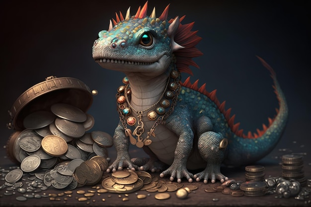 Cute little dragon sitting on pile of treasure surrounded by coins and jewels
