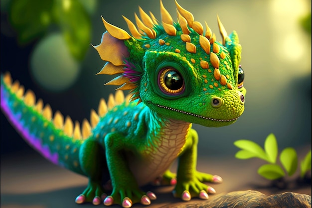 Симпатичный маленький дракон с яркой зеленой кожей, генерирующий искусственный интеллект