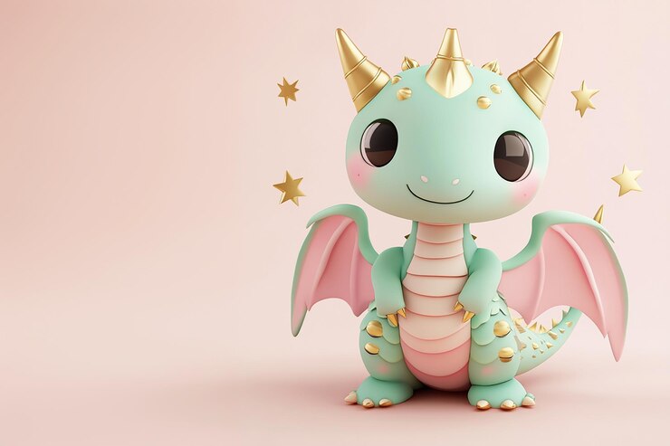 Photo a cute little dragon with gold wings and pink and gold body sits on a blue background the dragon has