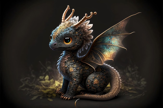 Cute little dragon with wings and ears on dark background generative ai