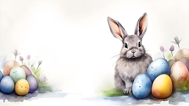 Cute little Easter bunny and eggs Watercolor illustratio