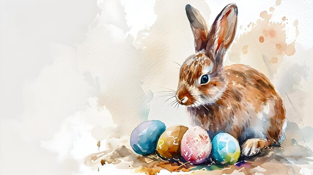 Cute little Easter bunny and eggs Watercolor illustration