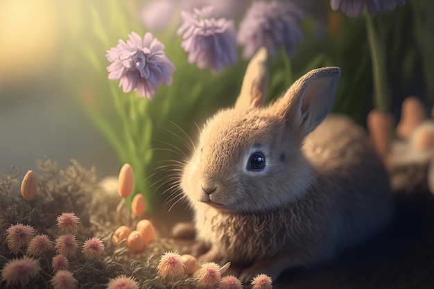 Cute little Easter bunny in grass and flowers AI