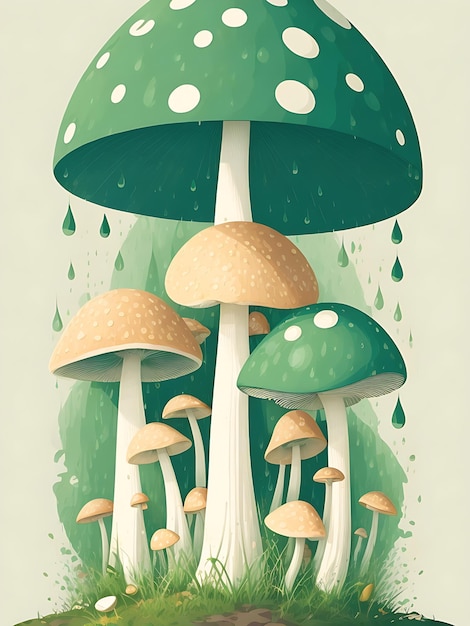 cute little families of mushrooms in grass on white background